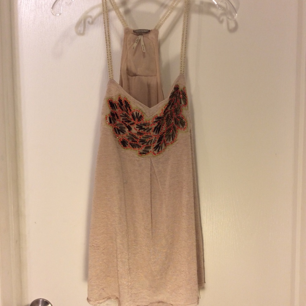 Boho  Buckle Gimmick beaded tank top oatmeal size L